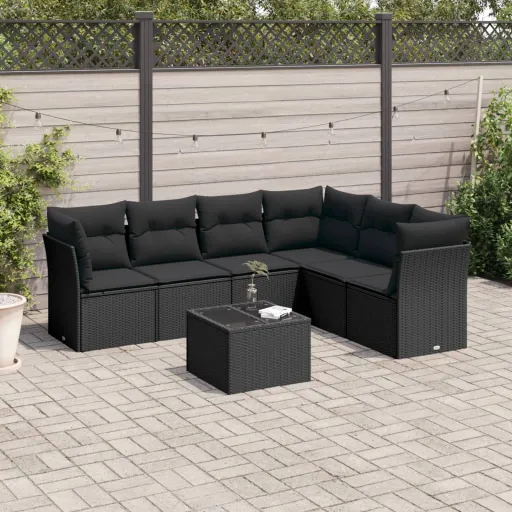 Set de Comedor de Jardín 7 Pzas y Cojines Ratán Sintético Negro