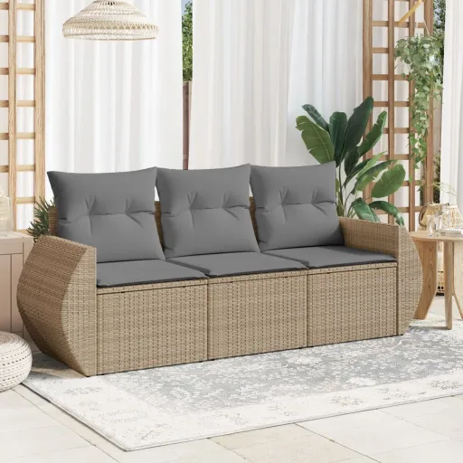 Juego de Sofás de Jardín Con Cojines Beige 3 Pzas Ratán PE