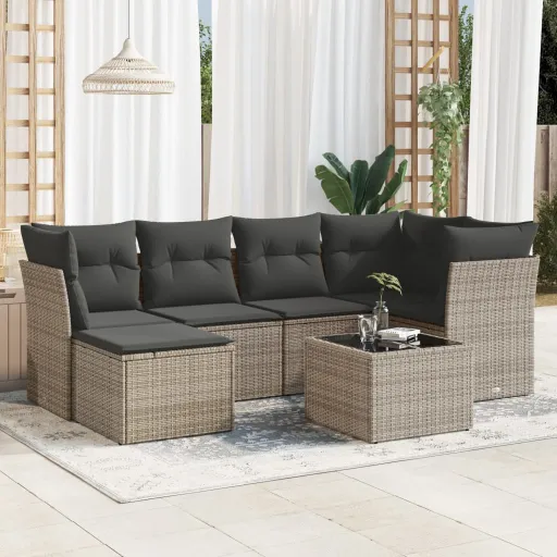 Set de Sofás de Jardín 7 Piezas Con Cojines Ratán PE Gris