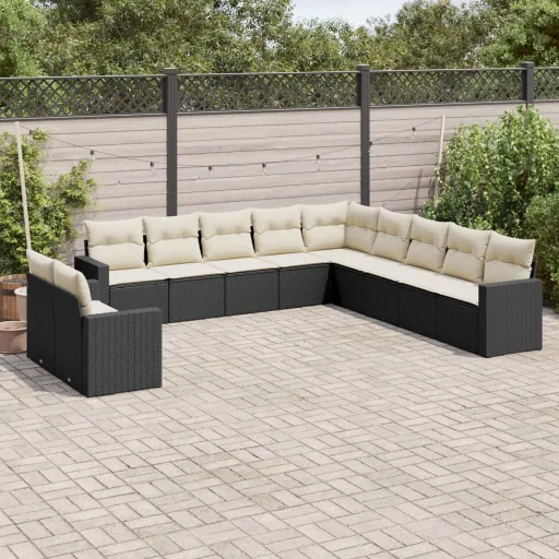Set de Sofás de Jardín 11 Pzas y Cojines Ratán Sintético Negro