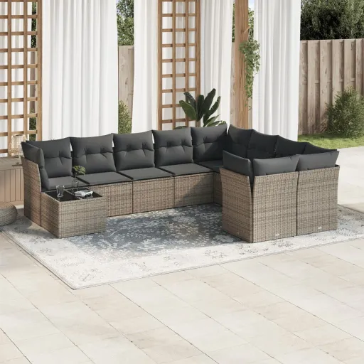 Set de Sofás de Jardín 10 Pzas Con Cojines Ratán Sintético Gris