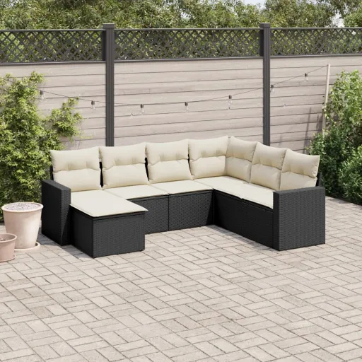 Set de Comedor de Jardín 7 Pzas y Cojines Ratán Sintético Negro