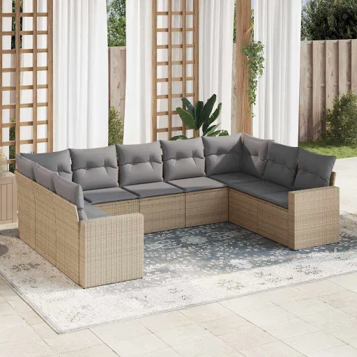 Set de Sofás de Jardín 9 Pzas Con Cojines Ratán Sintético Beige