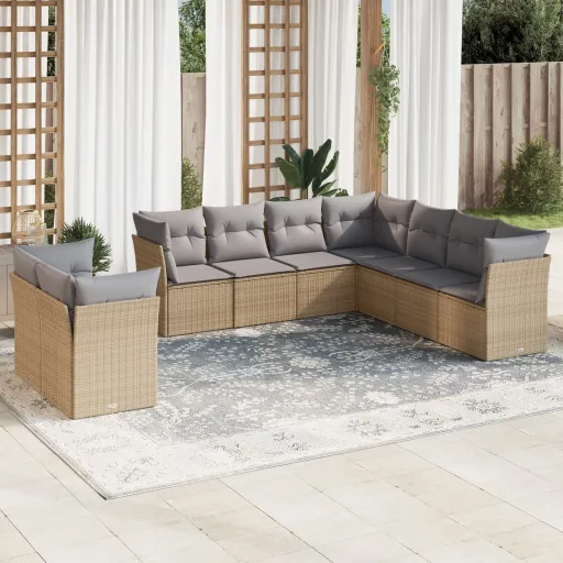 Set de Sofás de Jardín 9 Pzas Con Cojines Ratán Sintético Beige