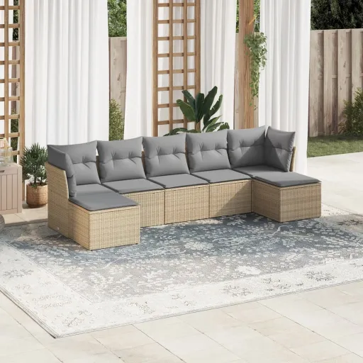 Set Sofás de Jardín 7 Piezas y Cojines Ratán Sintético Beige