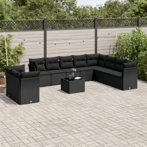Set de Sofás de Jardín 11 Pzas y Cojines Ratán Sintético Negro