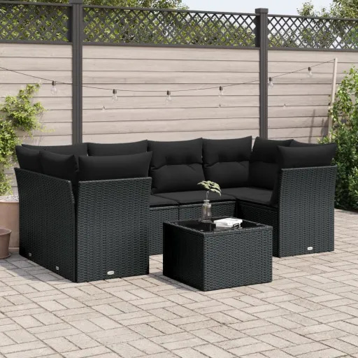 Set de Comedor de Jardín 7 Pzas y Cojines Ratán Sintético Negro