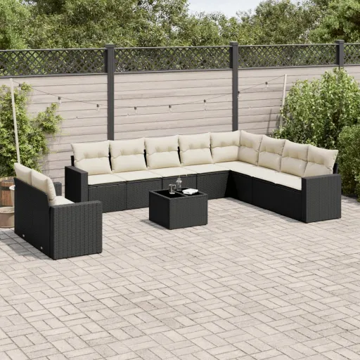 Set de Sofás de Jardín 11 Pzas y Cojines Ratán Sintético Negro
