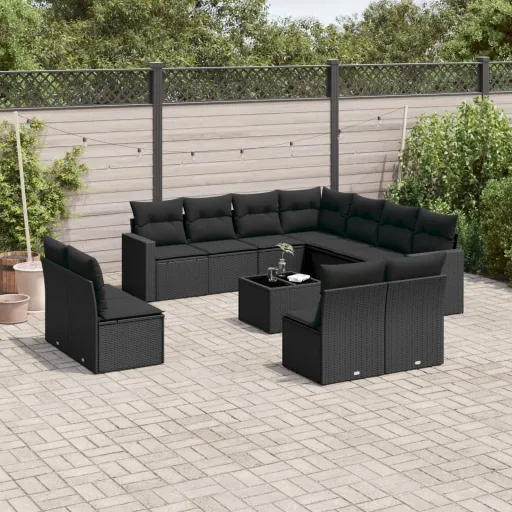 Set de Sofás de Jardín 12 Piezas Cojines Ratán Sintético Negro