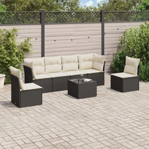 Set de Comedor de Jardín 7 Pzas y Cojines Ratán Sintético Negro