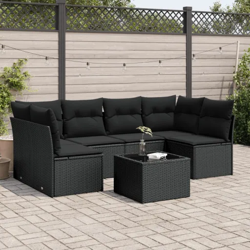 Set de Comedor de Jardín 7 Pzas y Cojines Ratán Sintético Negro