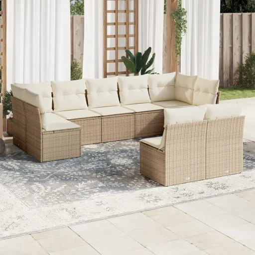 Set de Sofás de Jardín 9 Pzas Con Cojines Ratán Sintético Beige