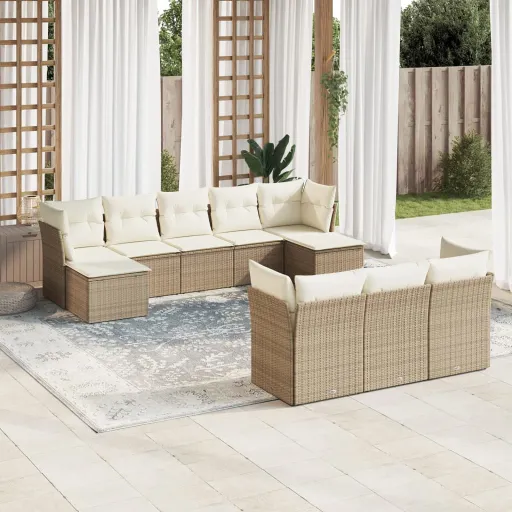 Juego de Sofás Jardín Con Cojines Beige 10 Pzas Ratán Sintético