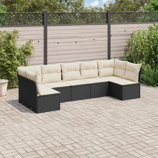 Set de Comedor de Jardín 7 Pzas y Cojines Ratán Sintético Negro