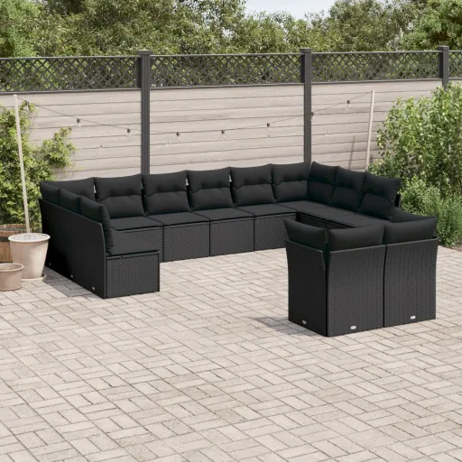Set de Sofás de Jardín 12 Piezas Cojines Ratán Sintético Negro