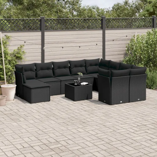 Set de Sofás de Jardín 11 Pzas y Cojines Ratán Sintético Negro