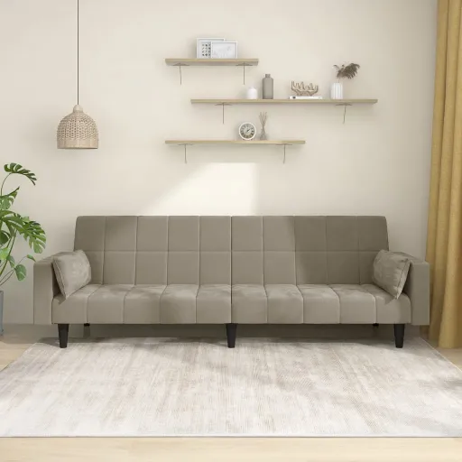 Sofá Cama de 2 Plazas Con Dos Almohadas Terciopelo Gris Claro