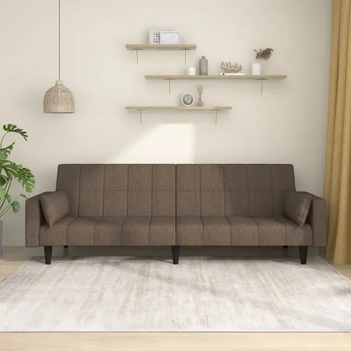 Sofá Cama de 2 Plazas Con Dos Almohadas Tela Gris Taupe