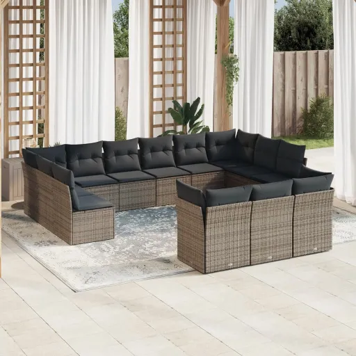 Set Sofás de Jardín Con Cojines 13 Piezas Ratán Sintético Gris