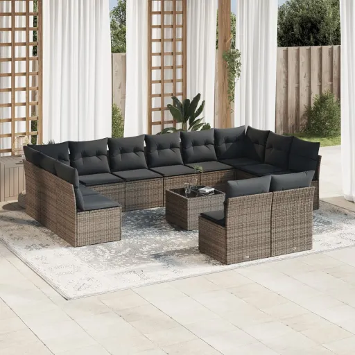 Set Sofás de Jardín Con Cojines 13 Piezas Ratán Sintético Gris
