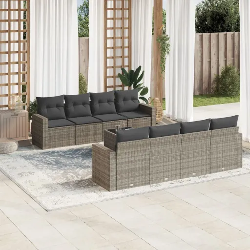Set de Muebles de Jardín 9 Pzas y Cojines Ratán Sintético Gris