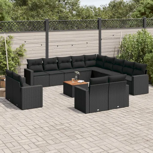 Set Sofás de Jardín 14 Pzas Con Cojines Ratán Sintético Negro