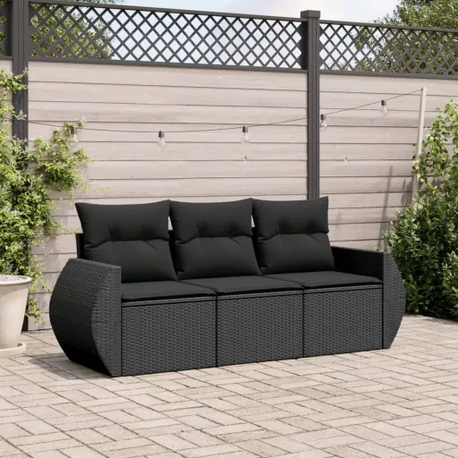 Set de Sofás de Jardín Con Cojines 3 Pzas Ratán Sintético Negro