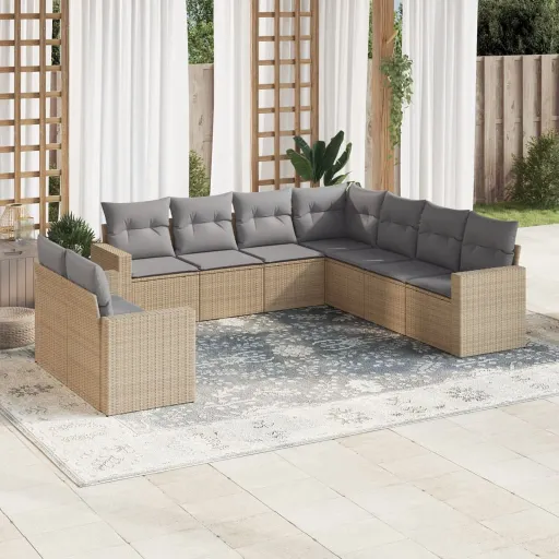 Set de Sofás de Jardín 9 Pzas Con Cojines Ratán Sintético Beige