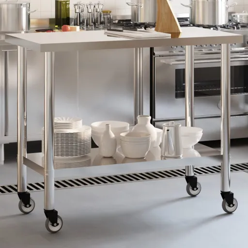 Mesa de Trabajo de Cocina Con Ruedas Acero Inox 110x55x85 cm