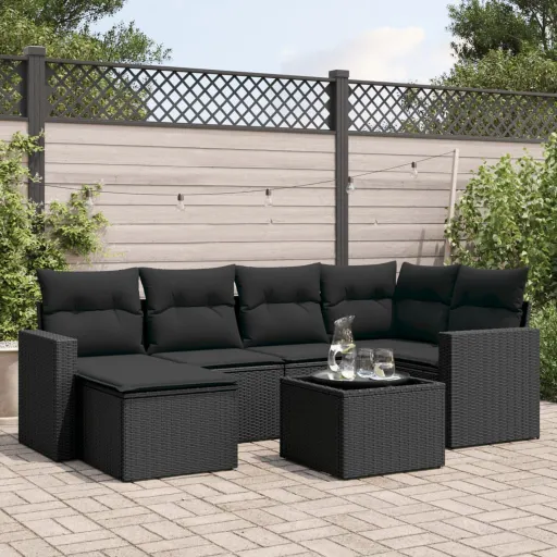 Set de Comedor de Jardín 7 Pzas y Cojines Ratán Sintético Negro