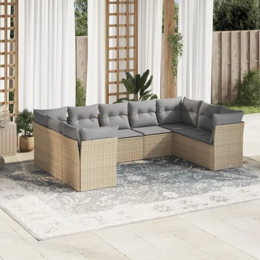 Set de Sofás de Jardín 9 Pzas Con Cojines Ratán Sintético Beige