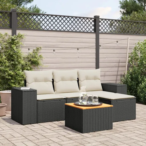 Set de Muebles de Jardín 5 Pzas y Cojines Ratán Sintético Negro