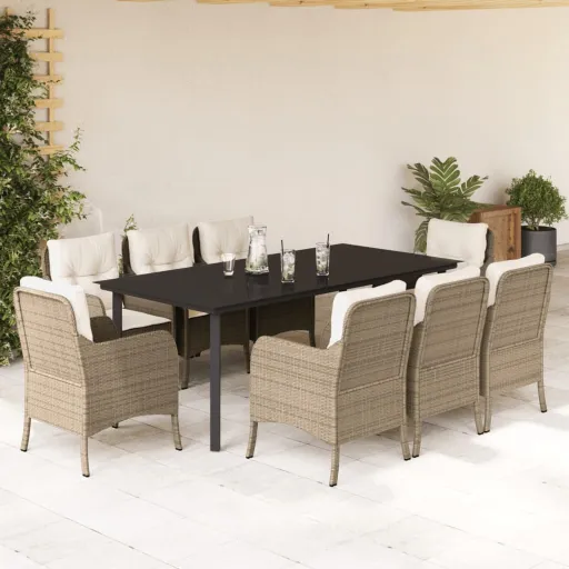 Set Comedor de Jardín 9 Pzas Con Cojines Ratán Sintético Beige