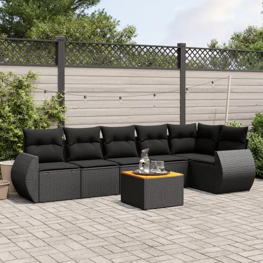 Set de Comedor de Jardín 7 Pzas y Cojines Ratán Sintético Negro
