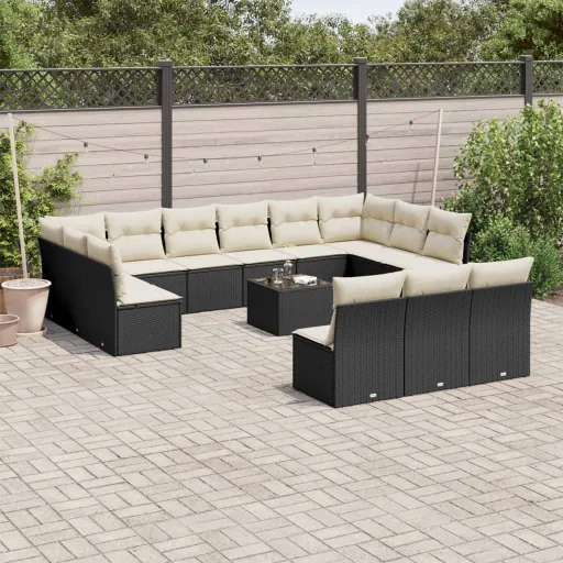 Set Sofás de Jardín 14 Pzas Con Cojines Ratán Sintético Negro