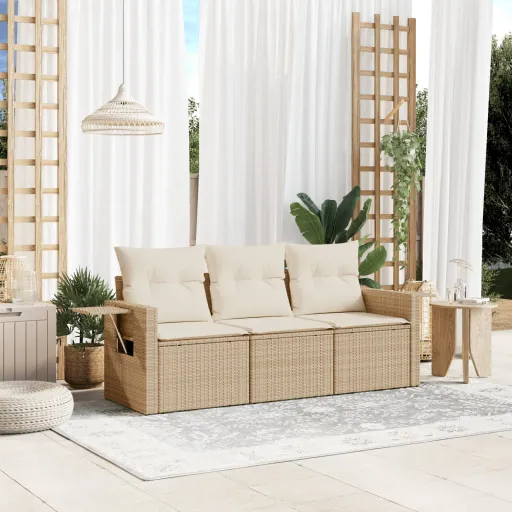 Juego de Sofás de Jardín Con Cojines Beige 3 Pzas Ratán PE