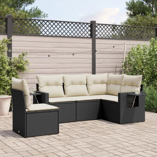 Set de Muebles de Jardín 5 Pzas y Cojines Ratán Sintético Negro