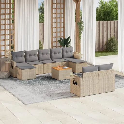 Juego de Sofás Jardín Con Cojines Beige 10 Pzas Ratán Sintético