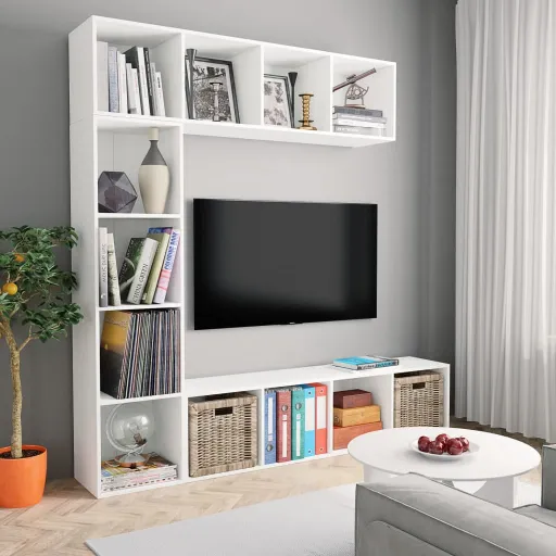 Mueble de TV y Librería 3 Piezas Blanco 180x30x180 cm