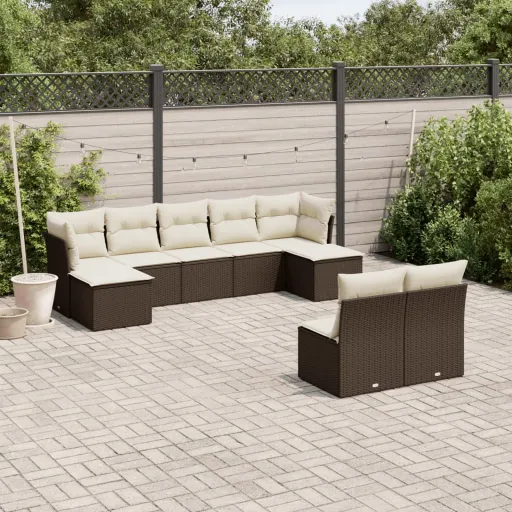 Set de Sofás de Jardín 9 Pzas y Cojines Ratán Sintético Marrón