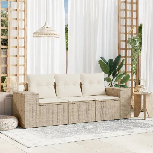 Juego de Sofás de Jardín Con Cojines Beige 3 Pzas Ratán PE