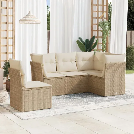 Juego de Sofás Jardín Con Cojines 5 Pzas Ratán Sintético Beige