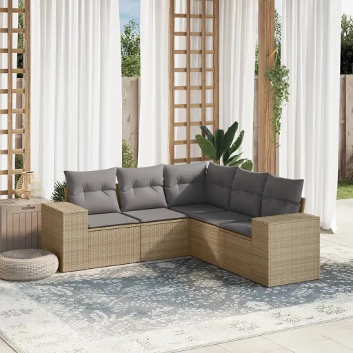 Juego de Sofás Jardín Con Cojines 5 Pzas Ratán Sintético Beige