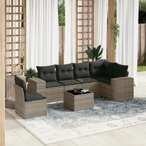 Set de Sofás de Jardín 7 Piezas Con Cojines Ratán PE Gris