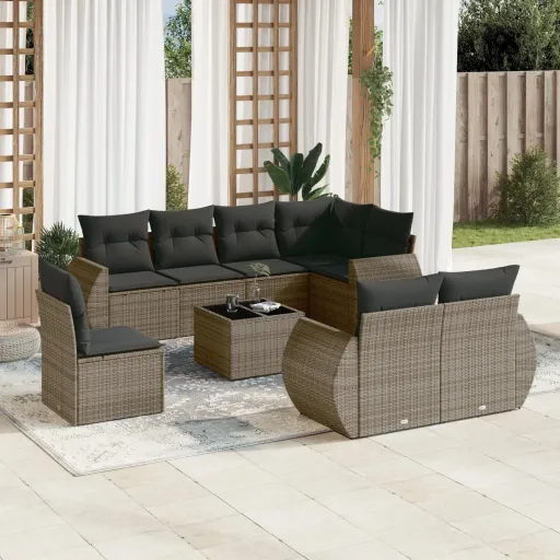 Set de Muebles de Jardín 9 Pzas y Cojines Ratán Sintético Gris