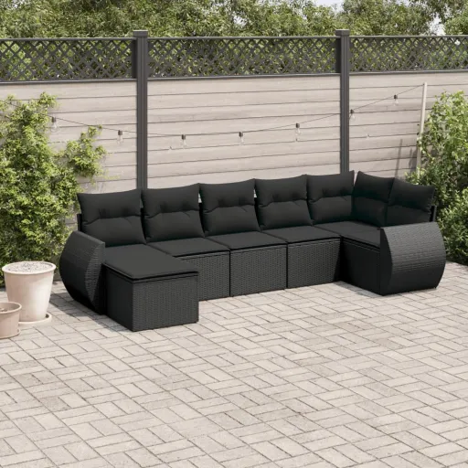 Set de Comedor de Jardín 7 Pzas y Cojines Ratán Sintético Negro