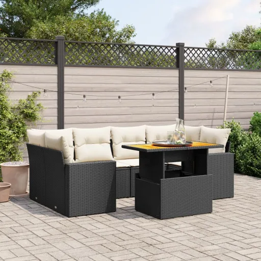 Set de Comedor de Jardín 7 Pzas y Cojines Ratán Sintético Negro
