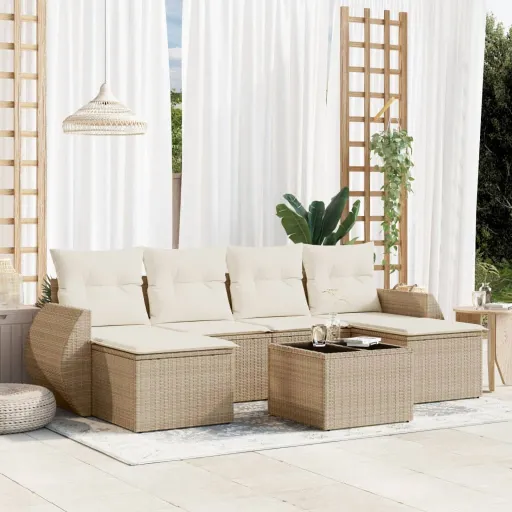 Set Sofás de Jardín 7 Piezas y Cojines Ratán Sintético Beige