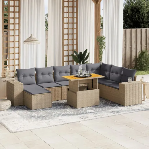 Set de Sofás de Jardín 9 Pzas Con Cojines Ratán Sintético Beige