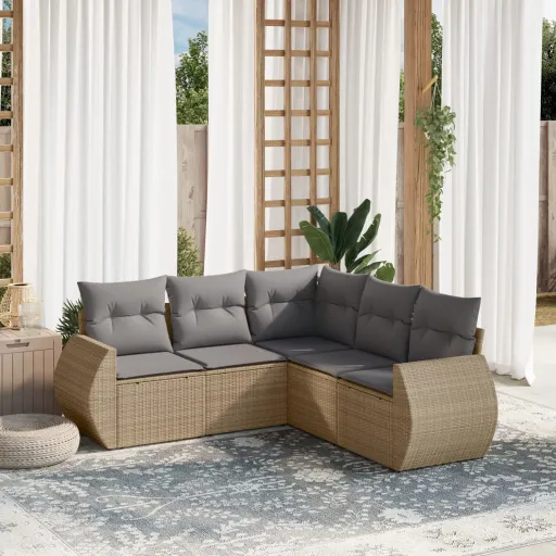 Juego de Sofás Jardín Con Cojines 5 Pzas Ratán Sintético Beige